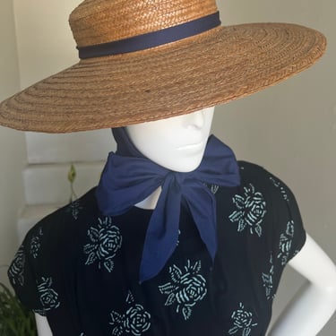 Rare 1940s Wheat Straw Hat With Attached Scarf Mary Sachs Vintage Size 22 