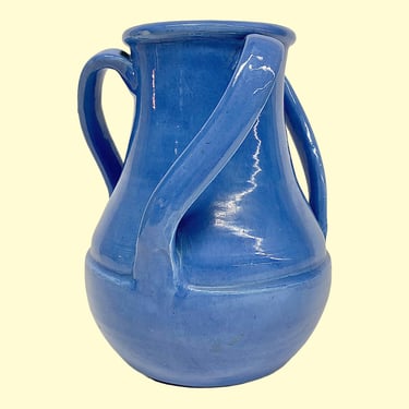 Vintage Jug Vase Retro 1980s Contemporary + Handmade + Blue Ceramic + Twisted Handles + Home Decor + Modern Decoration 