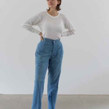 Vintage 30 Waist Light Blue Trousers | Unisex High Rise Button Fly Cotton Blend Pants | 