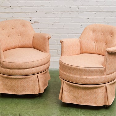 Pair of Pink Pattern Swivel Vintage Club Chairs