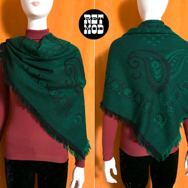 Chic Vintage 70s 80s Green Black Paisley Scarf Throw Wrap Thingy 