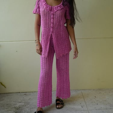 1960's crochet top and pant set / Barbie pink sixties seventies mid waist bell bottoms 