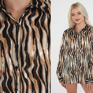 Animal Print Top 90s Metallic Blouse Button up Shirt Shiny Striped Zebra Tiger Print Long Sleeve Glam Party Vintage 1990s Extra Large xl 