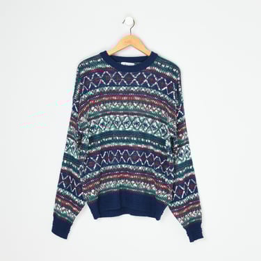 Vintage 90s Dark Blue Fair Isle Sweater - nineties, crew neck, pullover, knit, red, green, white, original tags - Men's XL 