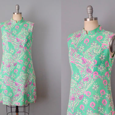1960s Adele Simpson Linen Shift / Floral And Paisley Print Dress / 60s Mod Dress / Pink and Green Dress / Size M/L Medium Large 