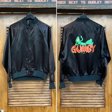 Vintage 1980’s Dated 1985 Gumby Cartoon Satin New Wave Bomber Jacket, 80’s Vintage Clothes 