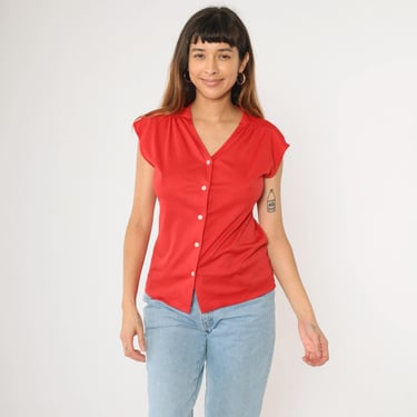 80s Button Up Shirt Red Blouse Short Cap Sleeve Top Vintage Basics Retro Plain Normcore V Neck Classic Minimal 1980s Medium 