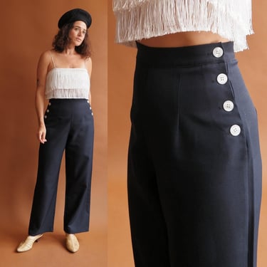 Vintage Wide Leg Sailor Bells/ 1990s High Waisted Botton Front Navy Blue Pants/ Small Petite 