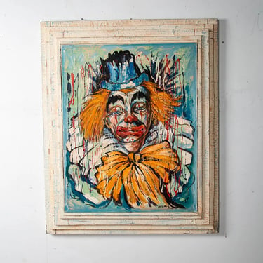 Mid Century Modern Painting Original Art Abstract Portrait Clown Sad Vintage Oil