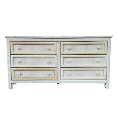Vintage Wicker Dresser by Henry Link with 6 Drawers 58” Long - White Wrapped Rattan Coastal Boho Chic Furniture 