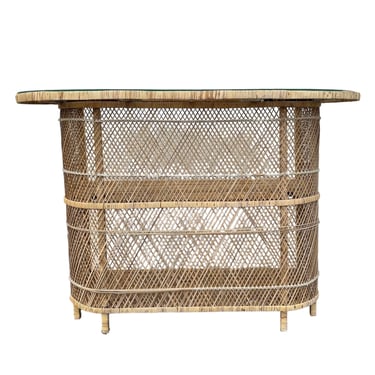 Rattan Cocktail Bar with Glass Table Top - Vintage Woven Wicker Serving Cabinet with Storage Shelves Coastal Boho Chic Server Console 