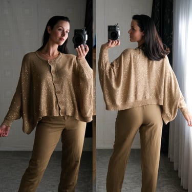 Vintage STELLA McCARTNEY Camel Tan Sequined Asymmetrical Cropped Boxy Dolman Sweater Unworn w/ Tags | Made in Italy | Y2K Designer Cardigan 