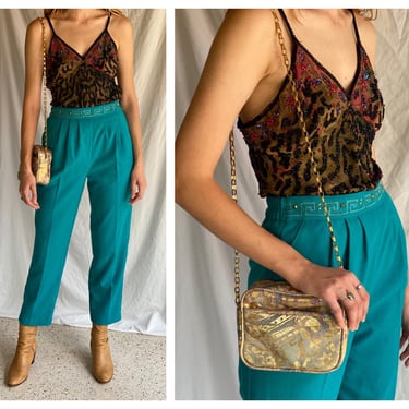 Turquoise Pants with Gold Studs / 1980s Slacks / High Waisted Pants / Workwear /  Casual Fridays / Super pretty Trouser Pants 