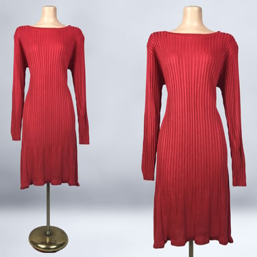 VINTAGE 90s Red Ribbed Long Sleeve Sweater Dress with Flared Hem Size Large | 90s Curvy Sweater Dress | Vintage Knitwear | VFG 