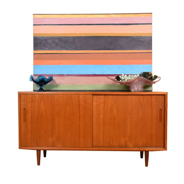 Danish Modern Teak Compact Sideboard | Media Cabinet w. Sliding Doors