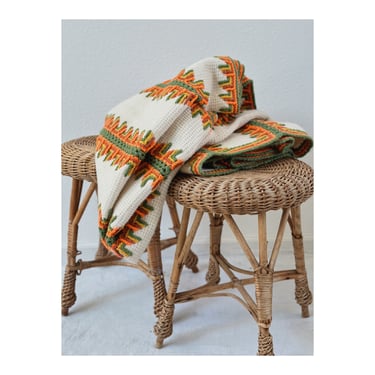 Beautiful Vintage Handmade Afghan Blanket Quilt 1960s Geometric Cream White Bright Colors 