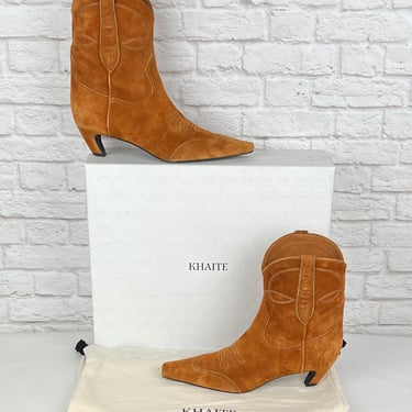 KHAITE Suede Dallas Ankle Boots, size 37.5, Caramel