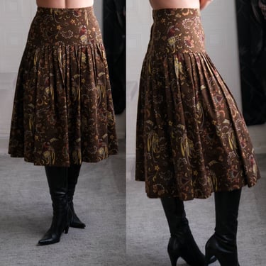 Vintage 80s MONDI Olive Green Pleated Drop Waist Skirt w/ Floral Paisley Peacock Print | 100% New Wool | 1980s German Designer A-Line Skirt 