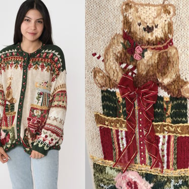 90s Christmas Cardigan Teddy Bear Sweater Casual Corner Red Green Metallic Vintage Floral Button Up Present 1990s Ramie Cotton Knit Medium 