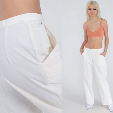 White Linen Pants 80s Straight Leg Trousers Retro High Waisted Simple Basic Minimalist Plain Light Summer Slacks Vintage 1980s Medium M 