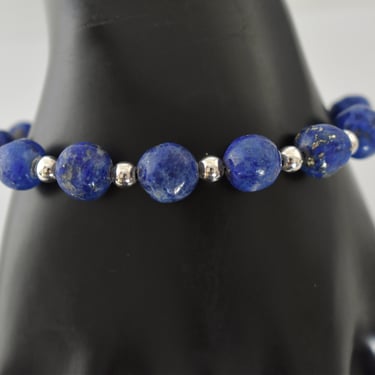70's lapis lazuli sterling hippie bracelet, funky hand carved blue beads 925 silver rocker stacker 