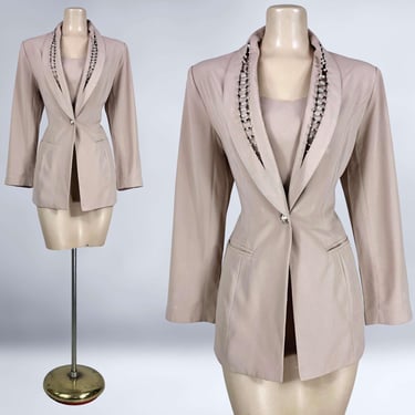 VINTAGE 80s Beaded Collar Structural Fitted Jacket by Sum Fai Fashion sz M | 1980s Taupe/Tan Bold Shoulder Suit Blazer Jacket | VFG 