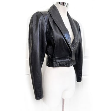 80's KISS OF LEATHER Black Leather Jacket 1980's Vintage Cropped Short Coat, Hair Band Rocker Style 1970's Women's Small 