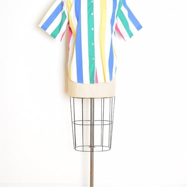 vintage 80s top button up shirt white colorful wide stripe print blouse L XL 