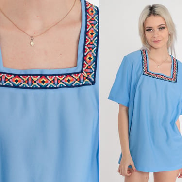 Embroidered Top 70s Blue Belted Blouse Retro Boho Summer Shirt Short Sleeve Simple Hippie Geometric Trim Vintage 1970s Extra Large xl 