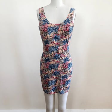 Floral/Conversational Print Body-Con Mini-Dress - 1980s 