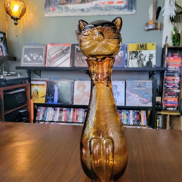 Cat shaped Empoli amber glass bottle or decanter with large cat head stopper, mid century MCM Italian art glass 