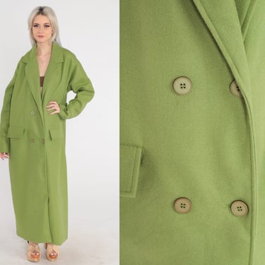 Pea Green Peacoat 90s Jacket Long Wool Coat Retro Trench Coat Double Breasted Button up Preppy Winter Maxi Coat Vintage 1990s Extra Large xl 