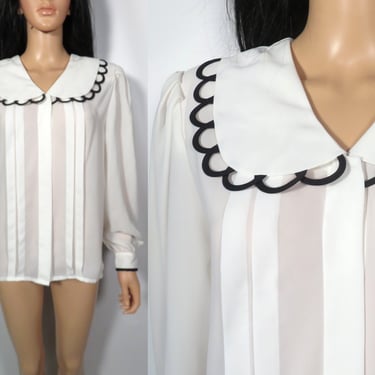 Vintage 80s Deadstock Sheer White Oversized Collar With Scallop Detail Blouse Size L 