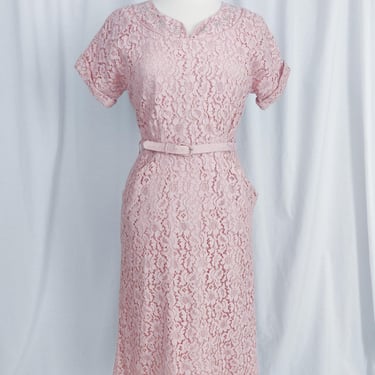 Vintage 50s Pink Lace Dress with Belt // Short Sleeve Dress with Pockets 