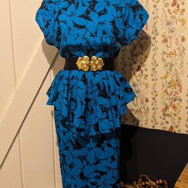 Vintage Joni Blair Peplum Style Bright Teal and Black Floral Midi Dress 