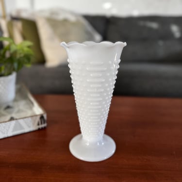 Vintage Hobnail Milk Glass Ruffled Footed Vase 