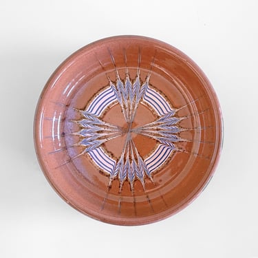 Ceramic Slipware Trinket Dish With Pulled Feathered Glaze Redware Pottery Signed J. White 