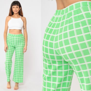 70s Checkered Pants Bright Green Windowpane Check Trousers High Waisted Rise Flared Leg Retro Preppy Slacks Vintage 1970s Small 