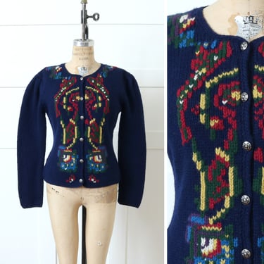 vintage 1980s chunky knit wool cardigan • navy blue folkloric embroidered puff sleeve sweater 