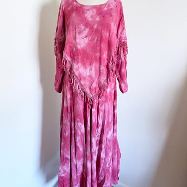 Vintage Tie Dye Pink Fringe Dress, Made in Morocco 