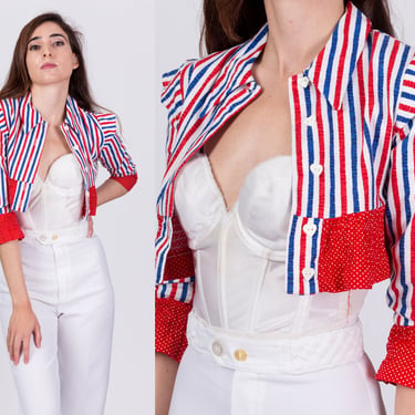 60s 70s Red White & Blue Striped Top - Girls Size 7 | Vintage Retro Heart Button Polka Dot Trim Cropped Shirt 