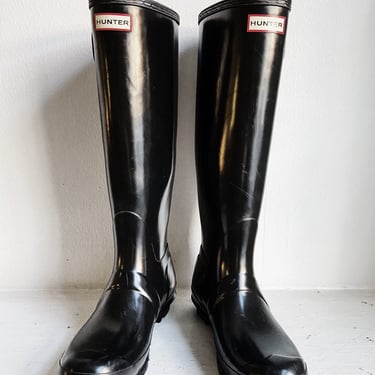 Gloss Black Tall Wellies Boots Mid Century Hipster size 8 
