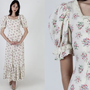Vintage 70s Pilgrim Folk Dress / Country Calico Rose Floral Dress / Ivory Cotton Homespun Maxi Dress 