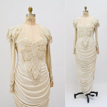 80s 90s Vintage Off White Beaded Dress Knit Jersey Small Medium Criscione// Vintage Wedding Beaded Fringe Long Sleeve Knit Party Dress 
