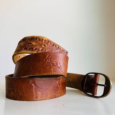 Vintage 90s Safari Animal Tooled Distressed Worn in Genuine Leather Belt - L 