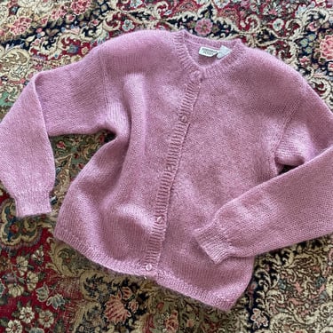 Vintage ‘80s - early ‘90s dusty rose mohair cardigan sweater | VTG pink fuzzy sweater, dusty pastel aesthetic, M 