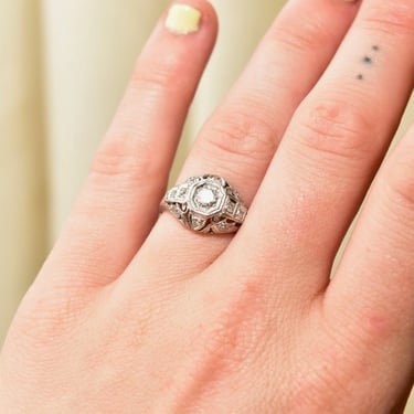 1930s Art Deco 18K White Gold & Platinum Diamond Engagement Ring, OEC Diamonds, .50 TCW, Platinum Setting, White Gold Band, Size 7 1/2 US 