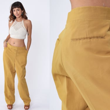 70s Straight Leg Pants Mustard Yellow Trousers 1970s Boho Hippie Trousers High Rise Waist Vintage Seventies Creased Men's 37 Large L 