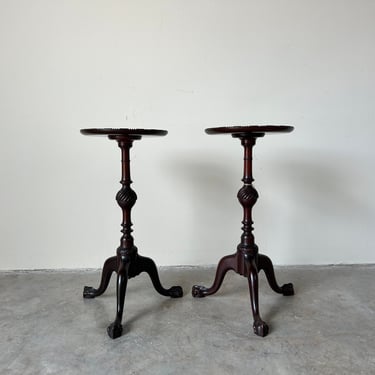 Antique New England Solid Mahogany Carved - Tripod Accent Tables - a Pair 