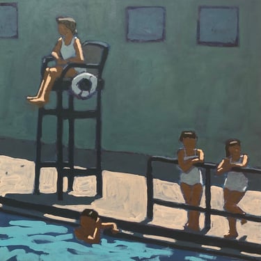 Pool #139 - Original Painting on Canvas, 14 x 14 , small, fine art, figurative, water, swimsuit, girl, michael van, retro, lifeguard 